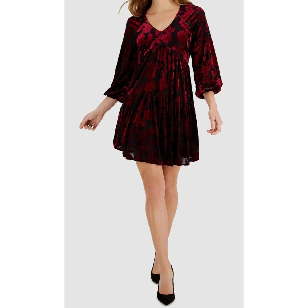 Taylor Velvet Burnout Babydoll Dress Burgundy Black Floral Size 10 Whimsigoth